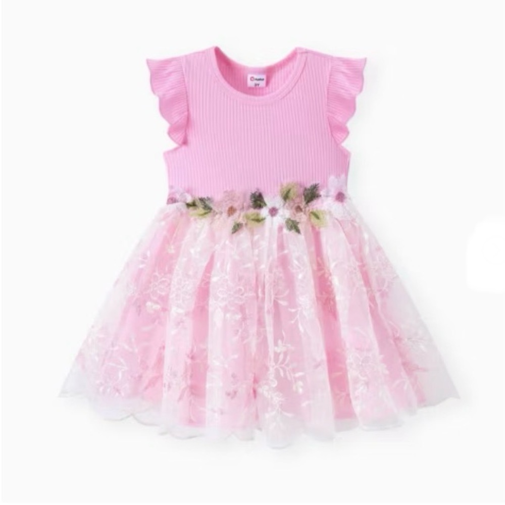 Baby/Toddler Girl Sweet 3D Flower Embroidered Mesh Pink Dress